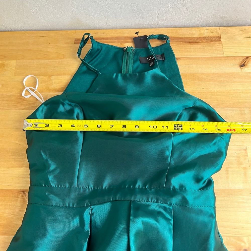 Lulus Gown High-Low Halter Neck Size Small Emerald‎ Green Satin Pockets New - Picture 7 of 8